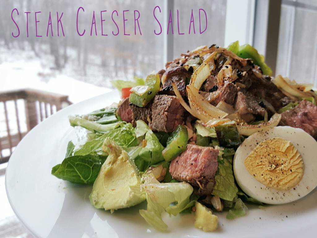 Steal Caeser Salad with Avocado, Egg, and Sauteed Pepper & onion
